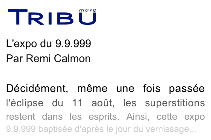 ￼

L'expo du 9.9.999 
Par Remi Calmon

Décidément, même une fois passée l'éclipse du 11 août, les superstitions restent dans les esprits. Ainsi, cette expo 9.9.999 baptisée d'après le jour du vernissage...